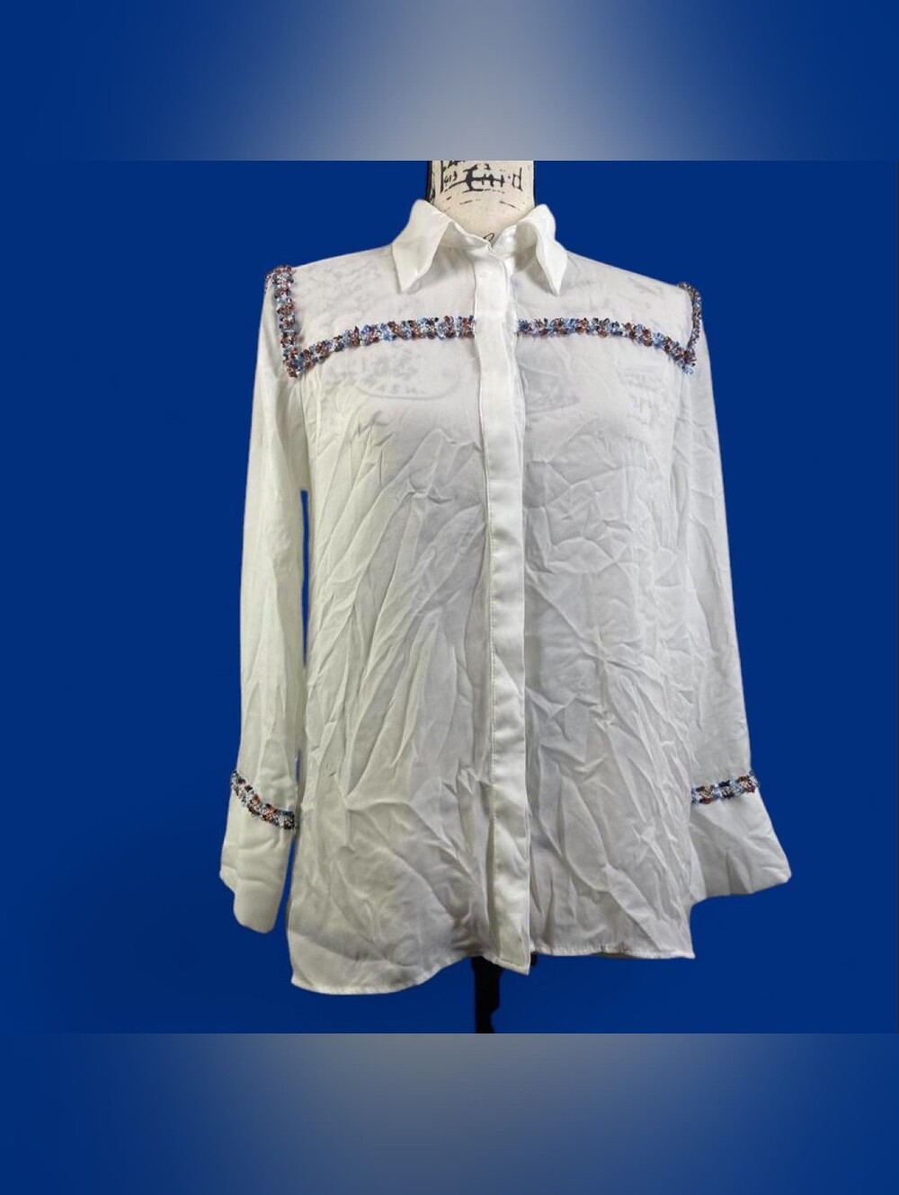 ZARA White Button-Down Blouse Multicolor Beaded Tweed Trim Size XS